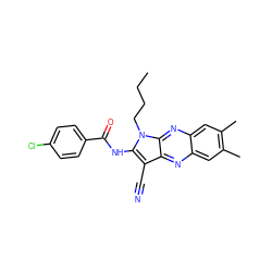 CCCCn1c(NC(=O)c2ccc(Cl)cc2)c(C#N)c2nc3cc(C)c(C)cc3nc21 ZINC000143947487