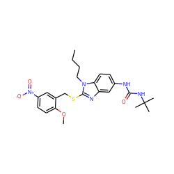 CCCCn1c(SCc2cc([N+](=O)[O-])ccc2OC)nc2cc(NC(=O)NC(C)(C)C)ccc21 ZINC000028525382