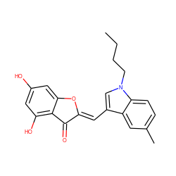 CCCCn1cc(/C=C2\Oc3cc(O)cc(O)c3C2=O)c2cc(C)ccc21 ZINC000169344593