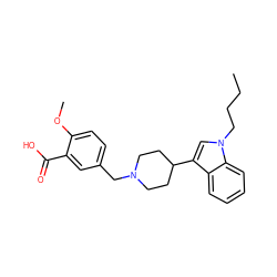 CCCCn1cc(C2CCN(Cc3ccc(OC)c(C(=O)O)c3)CC2)c2ccccc21 ZINC000003819747