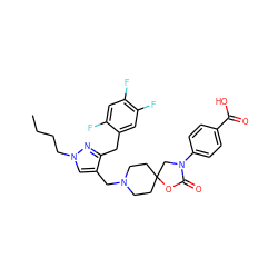 CCCCn1cc(CN2CCC3(CC2)CN(c2ccc(C(=O)O)cc2)C(=O)O3)c(Cc2cc(F)c(F)cc2F)n1 ZINC000144655438