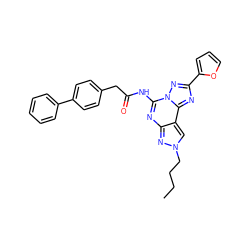 CCCCn1cc2c(nc(NC(=O)Cc3ccc(-c4ccccc4)cc3)n3nc(-c4ccco4)nc23)n1 ZINC000045261858