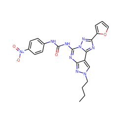 CCCCn1cc2c(nc(NC(=O)Nc3ccc([N+](=O)[O-])cc3)n3nc(-c4ccco4)nc23)n1 ZINC000013472363