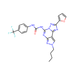 CCCCn1cc2c(nc(NC(=O)Nc3ccc(C(F)(F)F)cc3)n3nc(-c4ccco4)nc23)n1 ZINC000013472367