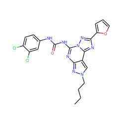 CCCCn1cc2c(nc(NC(=O)Nc3ccc(Cl)c(Cl)c3)n3nc(-c4ccco4)nc23)n1 ZINC000013472361