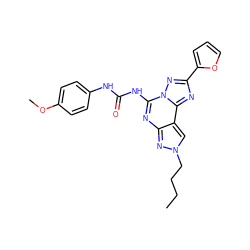 CCCCn1cc2c(nc(NC(=O)Nc3ccc(OC)cc3)n3nc(-c4ccco4)nc23)n1 ZINC000013472318