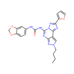 CCCCn1cc2c(nc(NC(=O)Nc3ccc4c(c3)OCO4)n3nc(-c4ccco4)nc23)n1 ZINC000013472362