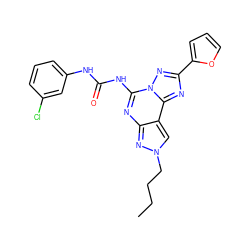 CCCCn1cc2c(nc(NC(=O)Nc3cccc(Cl)c3)n3nc(-c4ccco4)nc23)n1 ZINC000013472319