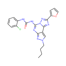 CCCCn1cc2c(nc(NC(=O)Nc3ccccc3Cl)n3nc(-c4ccco4)nc23)n1 ZINC000013472370