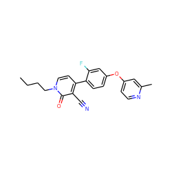 CCCCn1ccc(-c2ccc(Oc3ccnc(C)c3)cc2F)c(C#N)c1=O ZINC000084654830