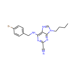 CCCCn1cnc2c(NCc3ccc(Br)cc3)nc(C#N)nc21 ZINC000014977873