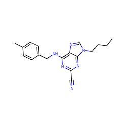 CCCCn1cnc2c(NCc3ccc(C)cc3)nc(C#N)nc21 ZINC000014977830