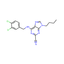 CCCCn1cnc2c(NCc3ccc(Cl)c(Cl)c3)nc(C#N)nc21 ZINC000014977883