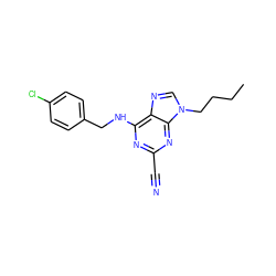 CCCCn1cnc2c(NCc3ccc(Cl)cc3)nc(C#N)nc21 ZINC000014977801