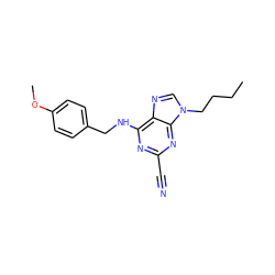 CCCCn1cnc2c(NCc3ccc(OC)cc3)nc(C#N)nc21 ZINC000014977821