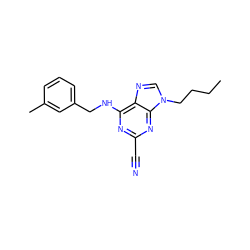 CCCCn1cnc2c(NCc3cccc(C)c3)nc(C#N)nc21 ZINC000014977783