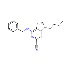 CCCCn1cnc2c(NCc3ccccc3)nc(C#N)nc21 ZINC000014977793