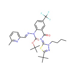 CCCCn1nc(C(C)(C)C)s/c1=N/C(=O)c1cc(C(F)(F)F)ccc1N(/N=C/c1cccc(C)n1)C(=O)OC(C)(C)C ZINC000169708261