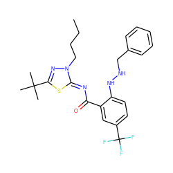 CCCCn1nc(C(C)(C)C)s/c1=N\C(=O)c1cc(C(F)(F)F)ccc1NNCc1ccccc1 ZINC000113480253