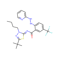 CCCCn1nc(C(C)(C)C)s/c1=N\C(=O)c1cc(C(F)(F)F)ccc1NNc1ccccn1 ZINC000113478793