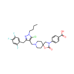 CCCCn1nc(Cc2cc(F)c(F)cc2F)c(CN2CCC3(CC2)CN(c2ccc(C(=O)O)cc2)C(=O)O3)c1Cl ZINC000144603323