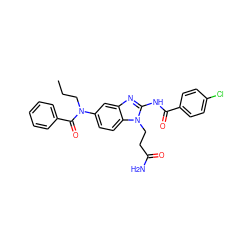 CCCN(C(=O)c1ccccc1)c1ccc2c(c1)nc(NC(=O)c1ccc(Cl)cc1)n2CCC(N)=O ZINC000040939433