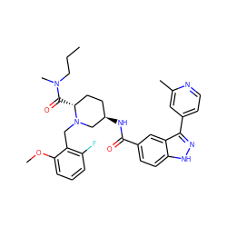 CCCN(C)C(=O)[C@@H]1CC[C@@H](NC(=O)c2ccc3[nH]nc(-c4ccnc(C)c4)c3c2)CN1Cc1c(F)cccc1OC ZINC000205031525