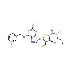 CCCN(C)C(=O)[C@H]1S[C@@H](n2cnc3c(NCc4cccc(I)c4)nc(Cl)nc32)[C@H](O)[C@@H]1O ZINC000029128176