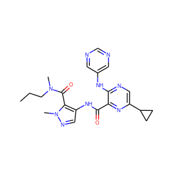 CCCN(C)C(=O)c1c(NC(=O)c2nc(C3CC3)cnc2Nc2cncnc2)cnn1C ZINC000169701849