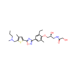 CCCN(C)Cc1sc(-c2nc(-c3cc(C)c(OC[C@@H](O)CNC(=O)CO)c(CC)c3)no2)cc1C ZINC000043205442