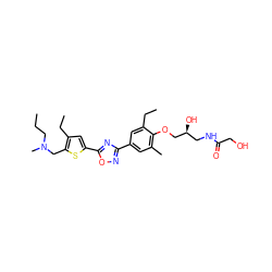 CCCN(C)Cc1sc(-c2nc(-c3cc(C)c(OC[C@@H](O)CNC(=O)CO)c(CC)c3)no2)cc1CC ZINC000114775416