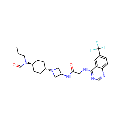 CCCN(C=O)[C@H]1CC[C@H](N2CC(NC(=O)CNc3ncnc4ccc(C(F)(F)F)cc34)C2)CC1 ZINC000149178378