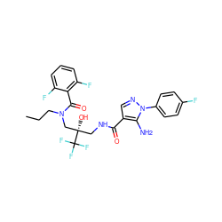 CCCN(C[C@@](O)(CNC(=O)c1cnn(-c2ccc(F)cc2)c1N)C(F)(F)F)C(=O)c1c(F)cccc1F ZINC000044404491