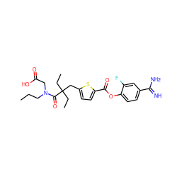 CCCN(CC(=O)O)C(=O)C(CC)(CC)Cc1ccc(C(=O)Oc2ccc(C(=N)N)cc2F)s1 ZINC000261159957