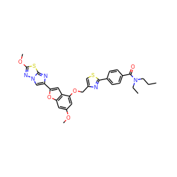 CCCN(CC)C(=O)c1ccc(-c2nc(COc3cc(OC)cc4oc(-c5cn6nc(OC)sc6n5)cc34)cs2)cc1 ZINC000653667418