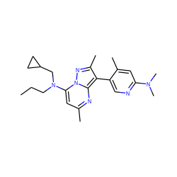 CCCN(CC1CC1)c1cc(C)nc2c(-c3cnc(N(C)C)cc3C)c(C)nn12 ZINC000013583156