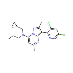 CCCN(CC1CC1)c1cc(C)nc2c(-c3ncc(Cl)cc3Cl)c(C)nn12 ZINC000028367536