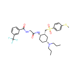 CCCN(CCC)[C@@H]1CC[C@H](NC(=O)CNC(=O)c2cccc(C(F)(F)F)c2)[C@H](CS(=O)(=O)c2ccc(SC)cc2)C1 ZINC000044351506