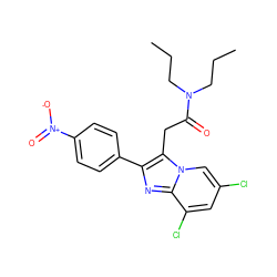 CCCN(CCC)C(=O)Cc1c(-c2ccc([N+](=O)[O-])cc2)nc2c(Cl)cc(Cl)cn12 ZINC000040943383