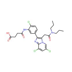 CCCN(CCC)C(=O)Cc1c(-c2ccc(Cl)c(NC(=O)CCC(=O)O)c2)nc2c(Cl)cc(Cl)cn12 ZINC000049872155