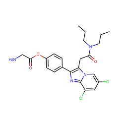 CCCN(CCC)C(=O)Cc1c(-c2ccc(OC(=O)CN)cc2)nc2c(Cl)cc(Cl)cn12 ZINC000040940015