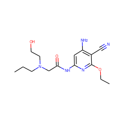 CCCN(CCO)CC(=O)Nc1cc(N)c(C#N)c(OCC)n1 ZINC000014960111