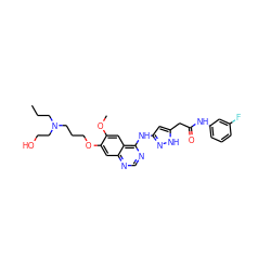 CCCN(CCO)CCCOc1cc2ncnc(Nc3cc(CC(=O)Nc4cccc(F)c4)[nH]n3)c2cc1OC ZINC000034803032