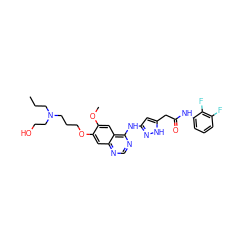 CCCN(CCO)CCCOc1cc2ncnc(Nc3cc(CC(=O)Nc4cccc(F)c4F)[nH]n3)c2cc1OC ZINC000034803040