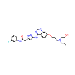 CCCN(CCO)CCCOc1ccc2c(Nc3cc(CC(=O)Nc4cccc(F)c4)[nH]n3)ncnc2c1 ZINC000034803023