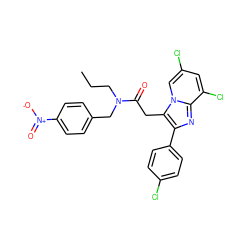 CCCN(Cc1ccc([N+](=O)[O-])cc1)C(=O)Cc1c(-c2ccc(Cl)cc2)nc2c(Cl)cc(Cl)cn12 ZINC000028117912