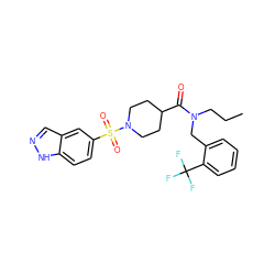 CCCN(Cc1ccccc1C(F)(F)F)C(=O)C1CCN(S(=O)(=O)c2ccc3[nH]ncc3c2)CC1 ZINC000205402840