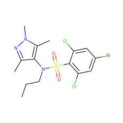 CCCN(c1c(C)nn(C)c1C)S(=O)(=O)c1c(Cl)cc(Br)cc1Cl ZINC000199941261