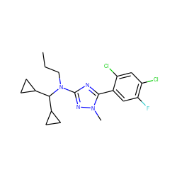 CCCN(c1nc(-c2cc(F)c(Cl)cc2Cl)n(C)n1)C(C1CC1)C1CC1 ZINC000026841227