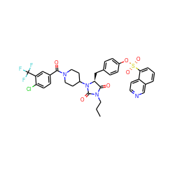 CCCN1C(=O)[C@H](Cc2ccc(OS(=O)(=O)c3cccc4cnccc34)cc2)N(C2CCN(C(=O)c3ccc(Cl)c(C(F)(F)F)c3)CC2)C1=O ZINC000299861389